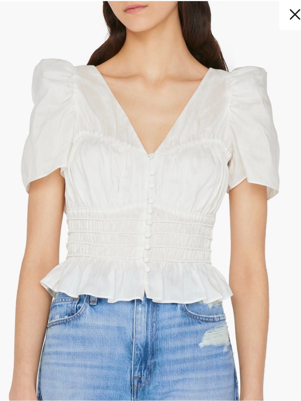 Frame Women’s White Puff Sleeve Peplum Button-Front Top